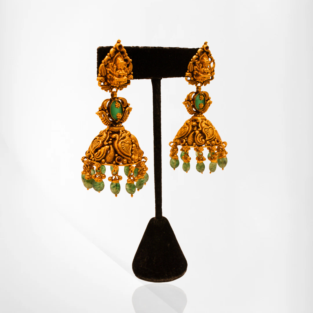 Temple-Inspired Lakshmi Earrings with Green Gemstone Accents