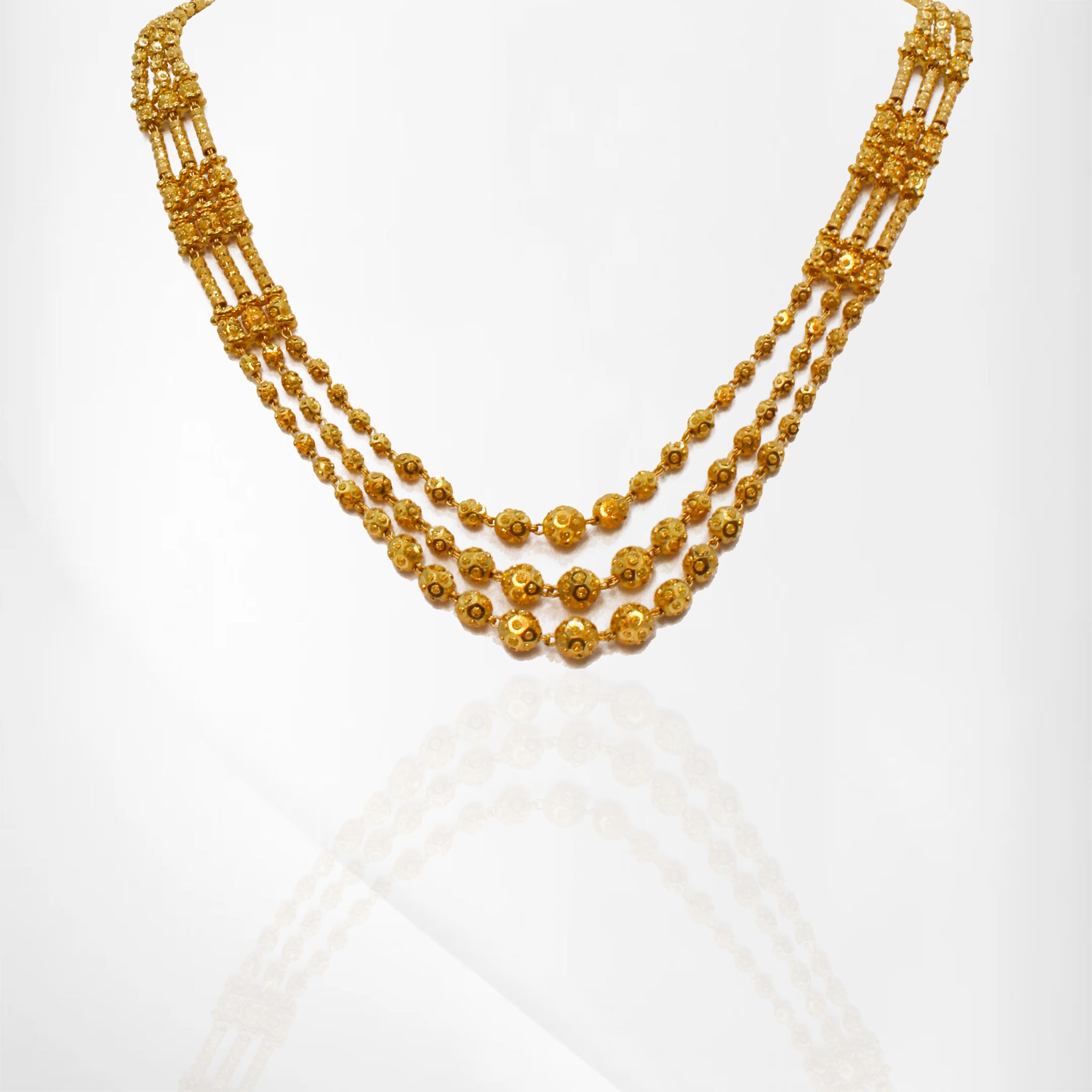 Matter Mala Style Yellow Gold Three-Layer Set with Matching Earrings