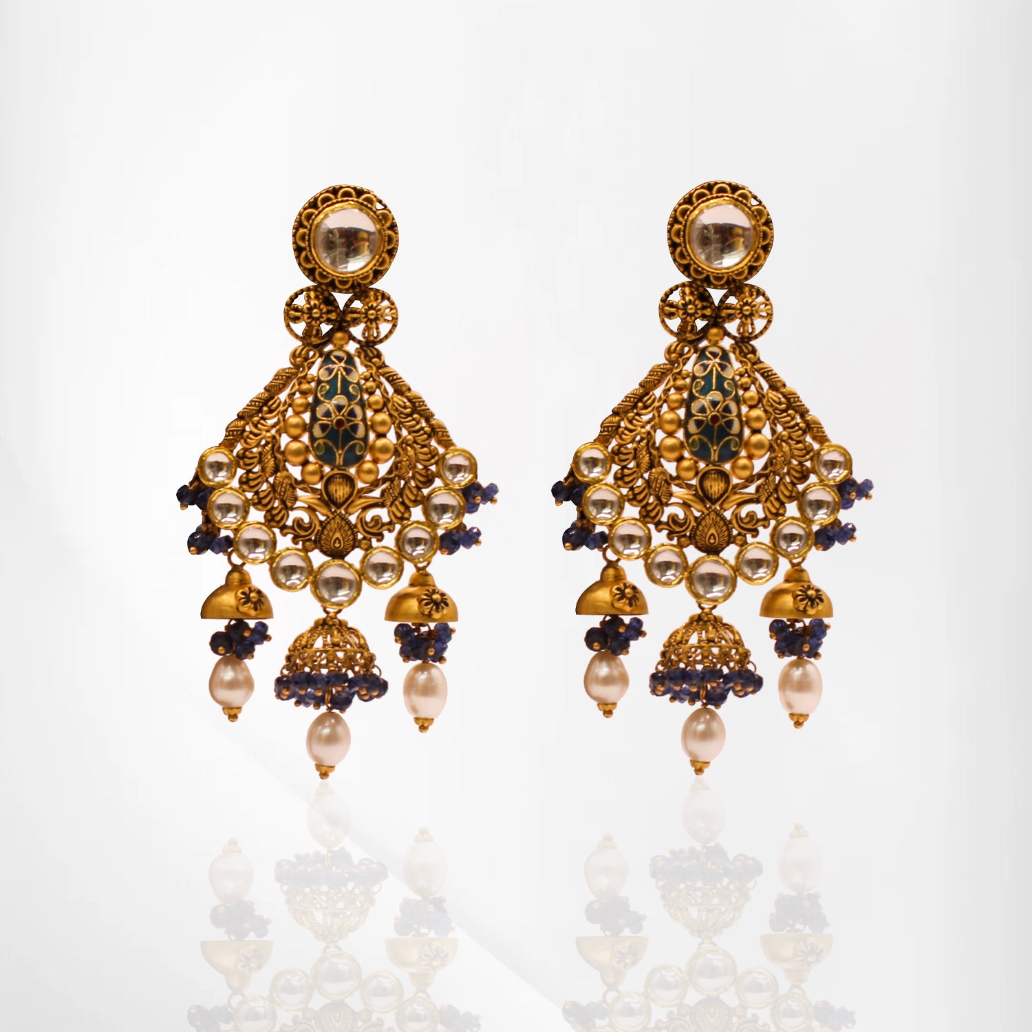 Royal Dome Drop Earrings with Pearls & Peacock Motif