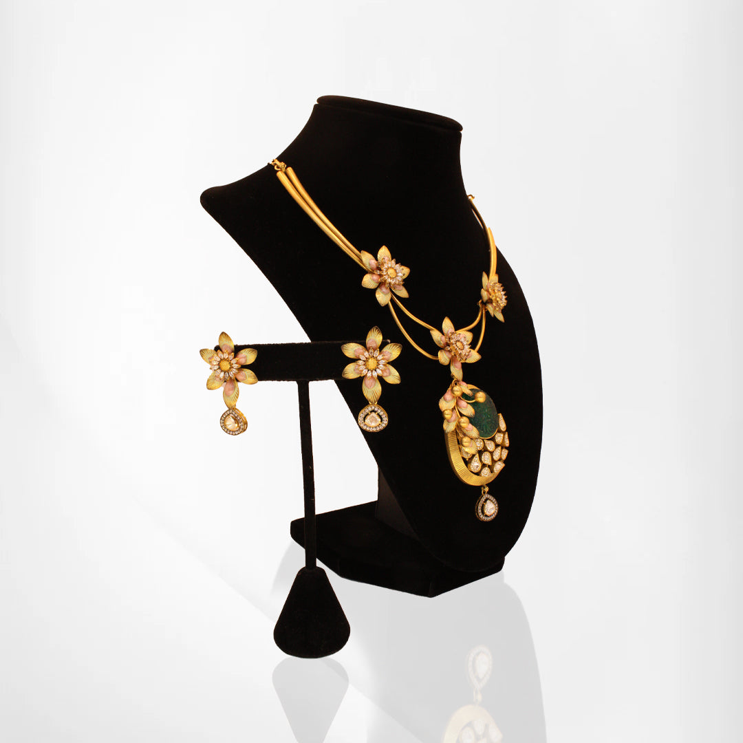 Antique Floral Set with Green Stone & White Kundan
