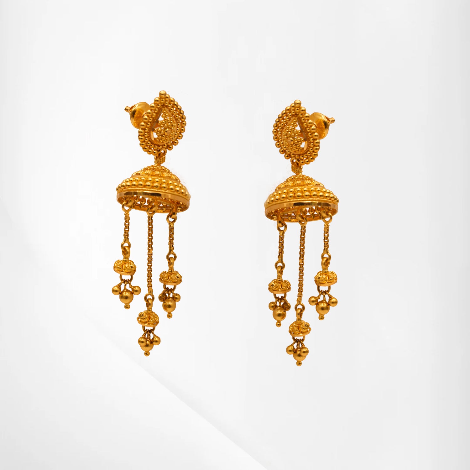 Textured Gold Drop Earrings with Chain Tassels