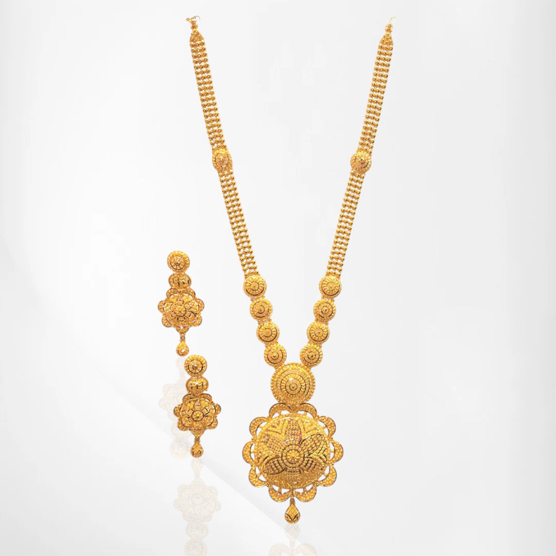 Heritage Long Gold Necklace Set with Floral Medallion