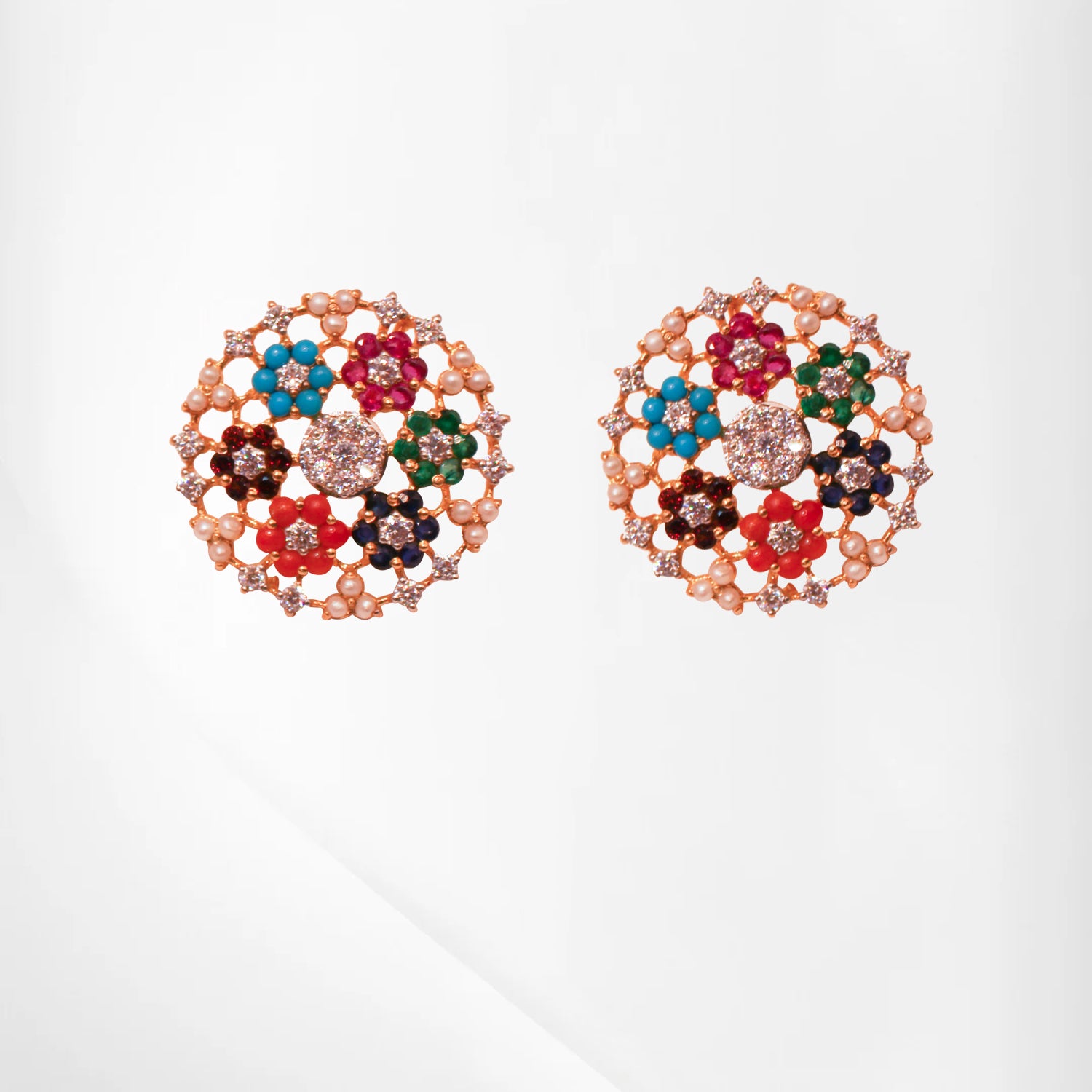 Elegant Floral Studs Featuring Colorful Gemstone Highlights