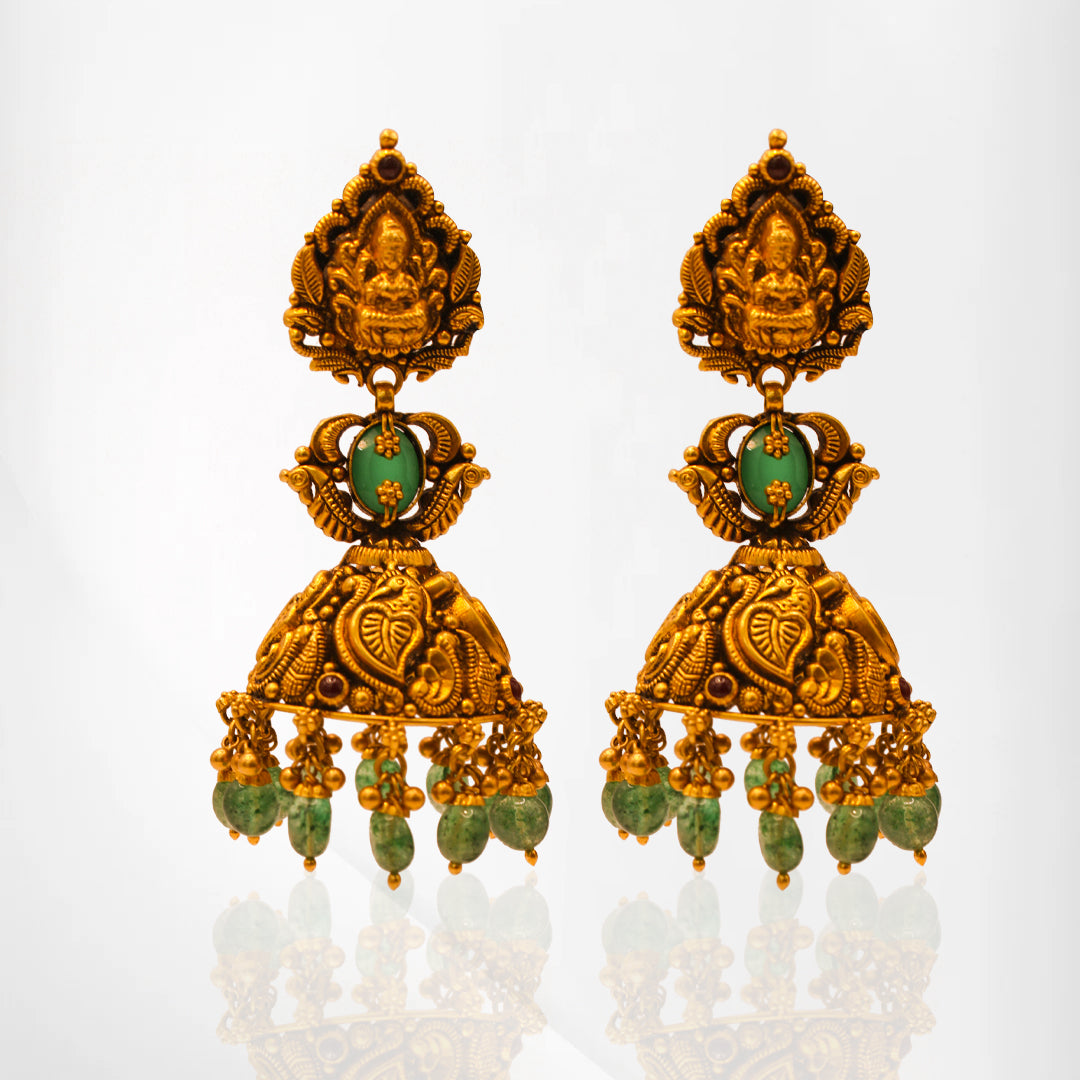 Temple-Inspired Lakshmi Earrings with Green Gemstone Accents