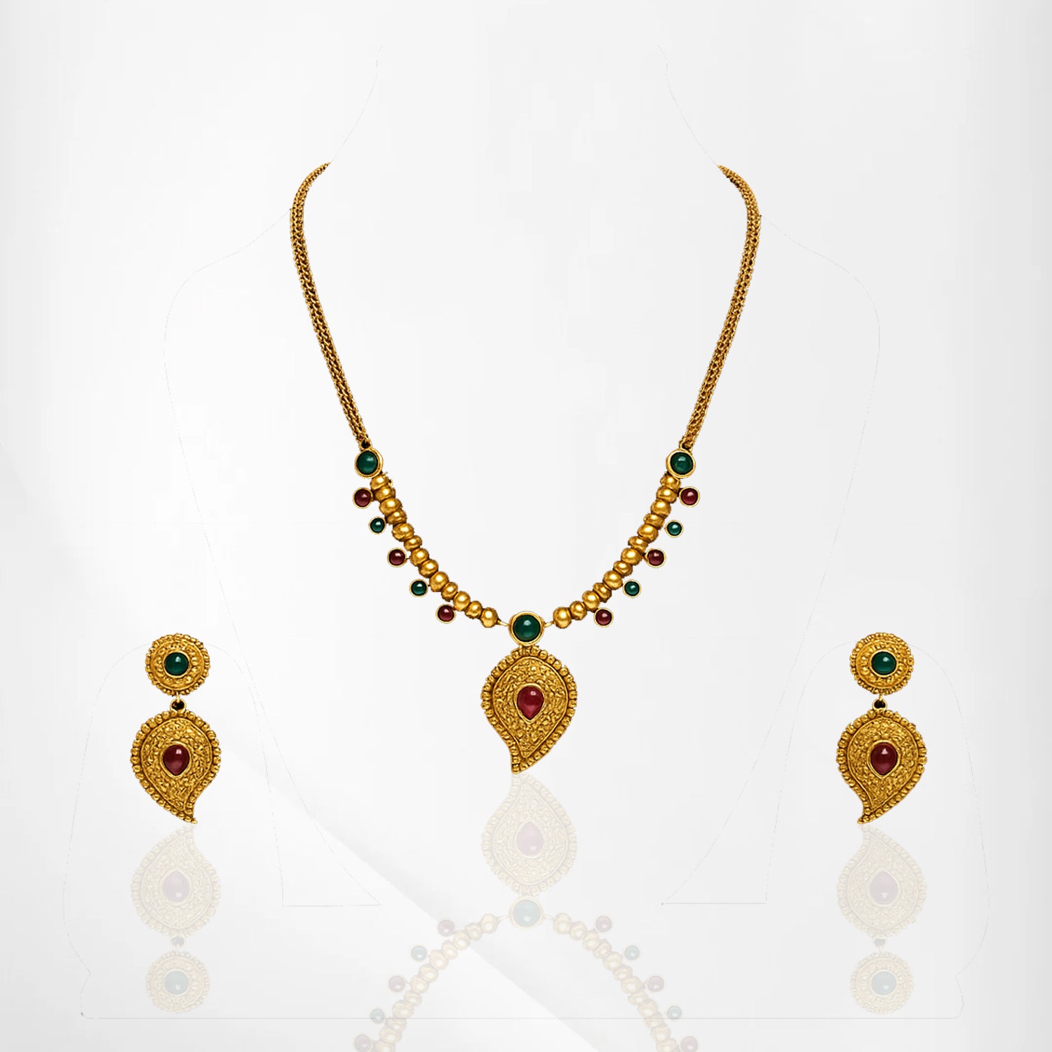 Traditional Short Gold Necklace Set Featuring Mango Haar Design with Ruby & Emerald Detailing