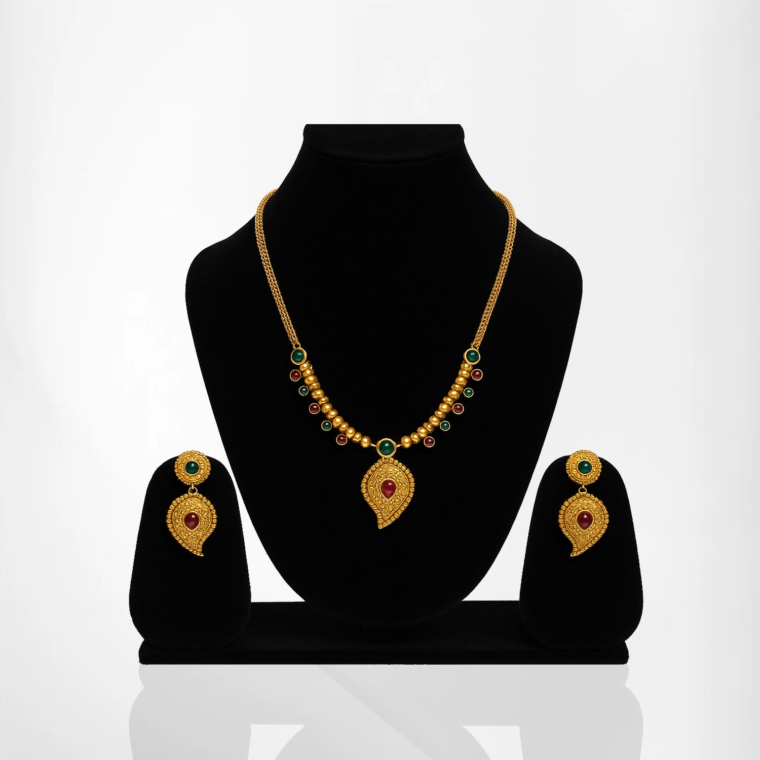 Traditional Short Gold Necklace Set Featuring Mango Haar Design with Ruby & Emerald Detailing