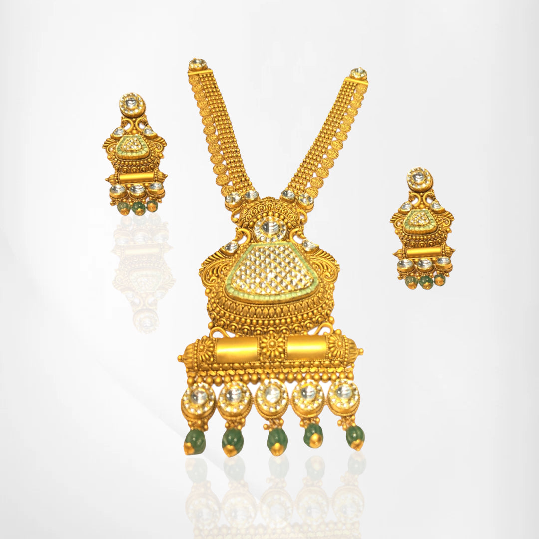 Antique Temple Gold Necklace Set with Green Accents
