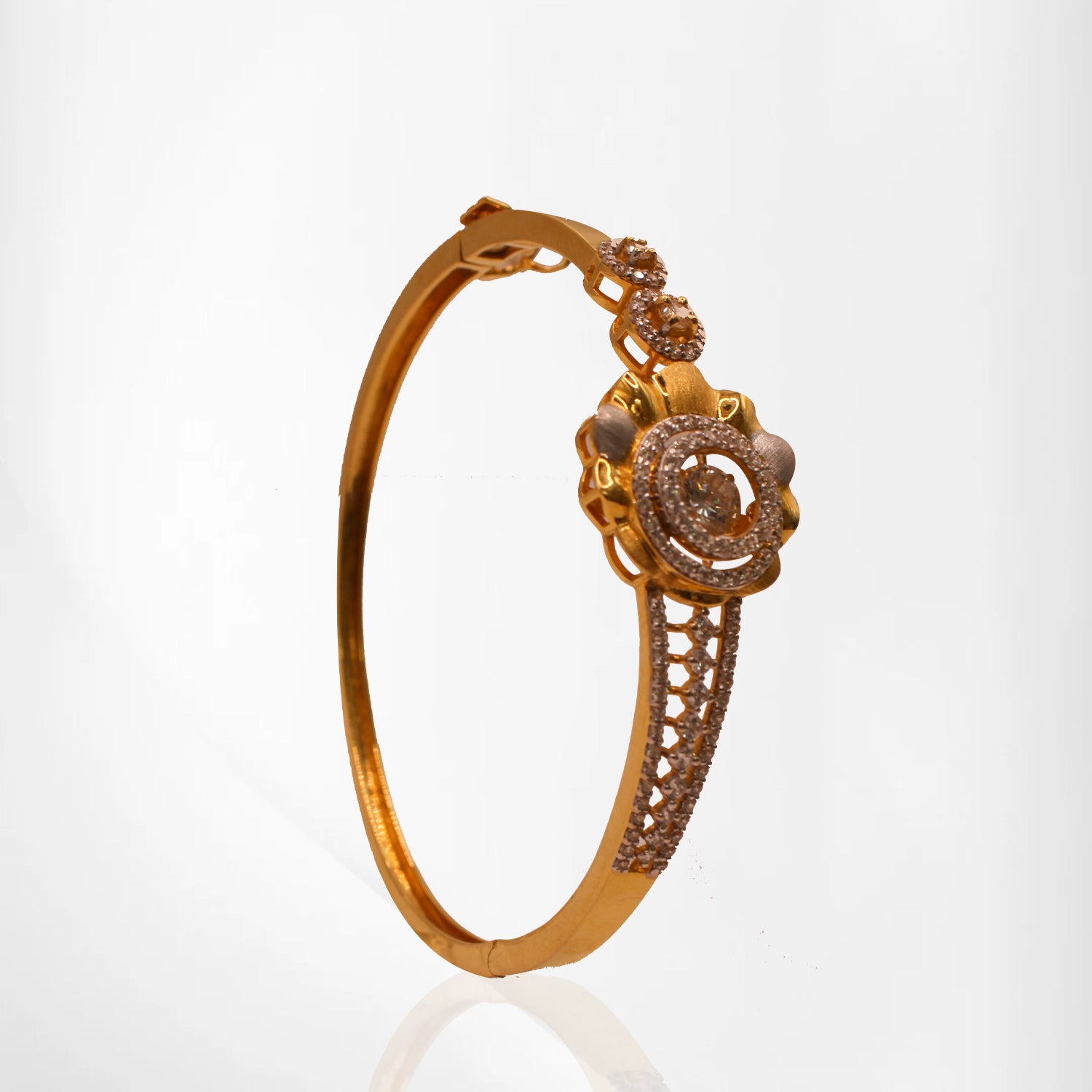 Traditional Gold Kada with Floral Design & CZ Accents