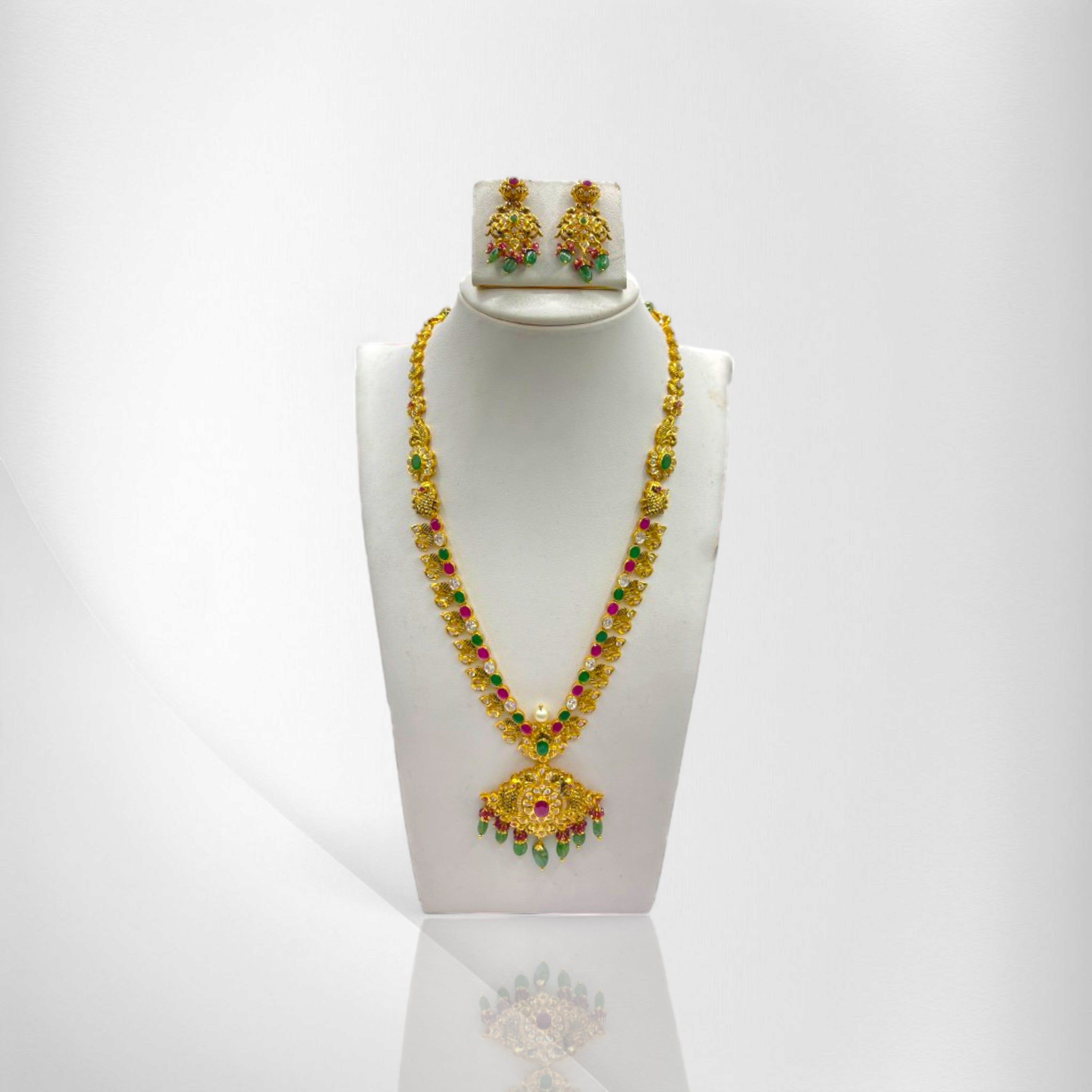 Handmade Antique Long Set with Gemstone Accents and Peacock Motifs