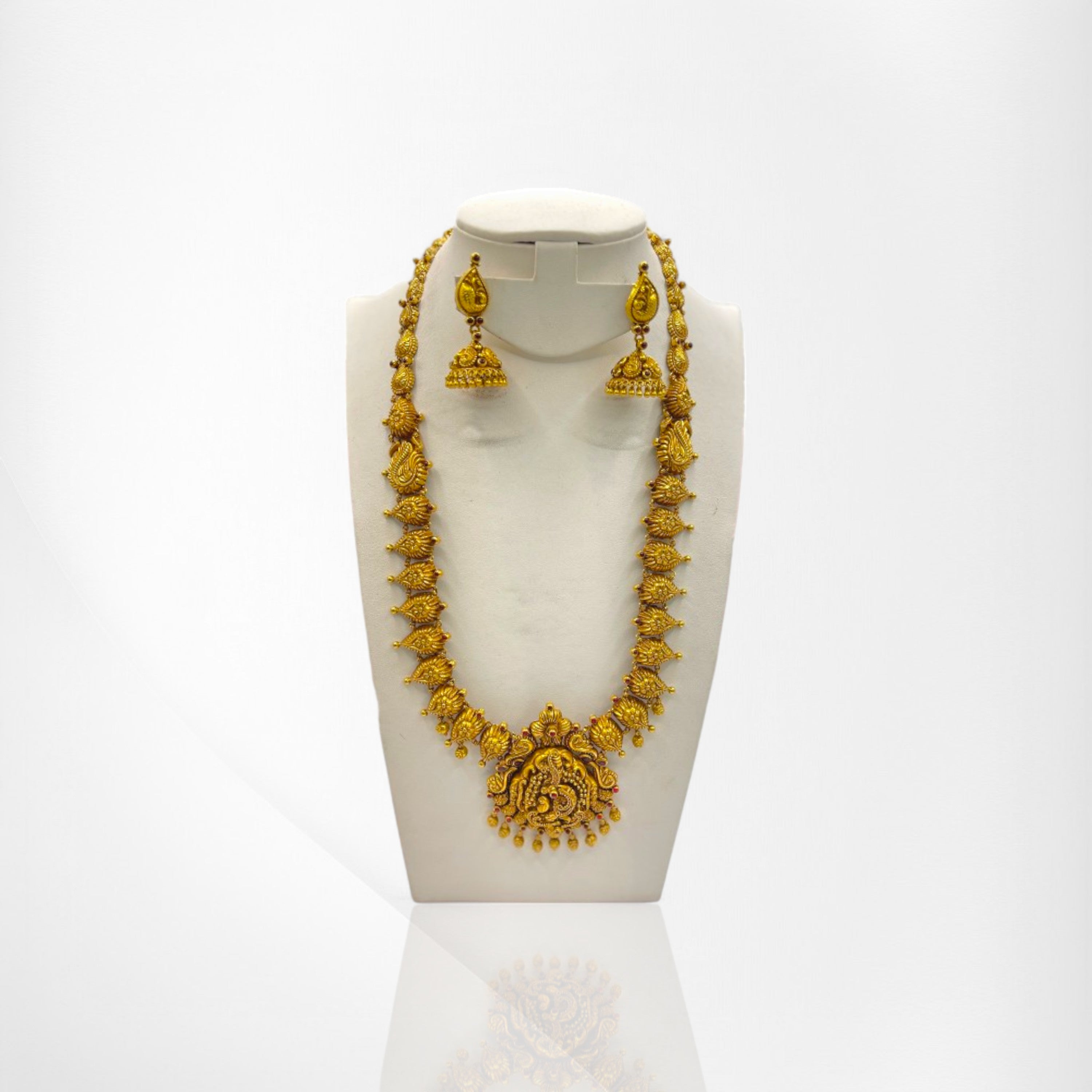 Handmade Antique Long Set with Naksh Designs and Ruby Accents