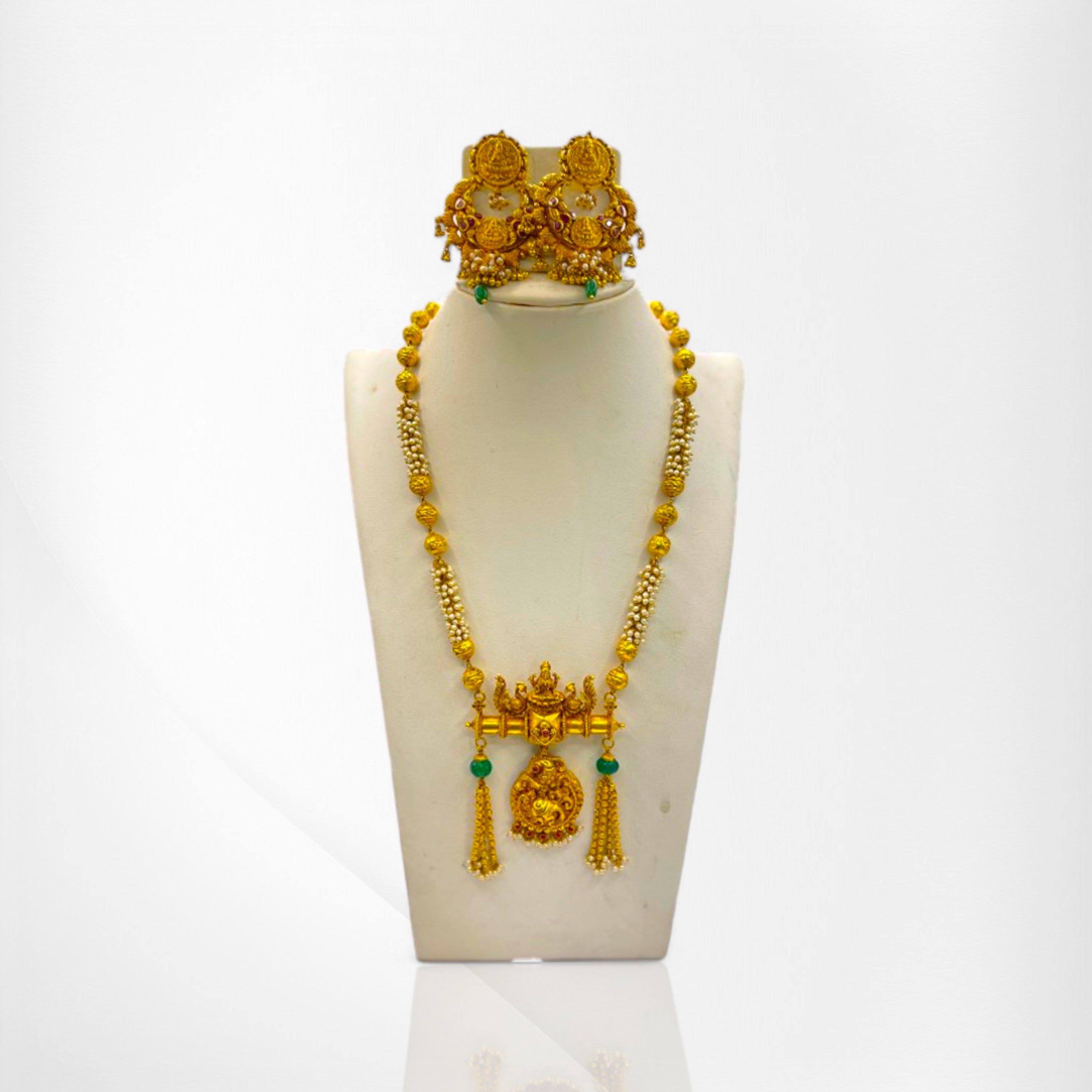Lakshmi Idol Long Haram Necklace with Pearl and Gold Bead Accents