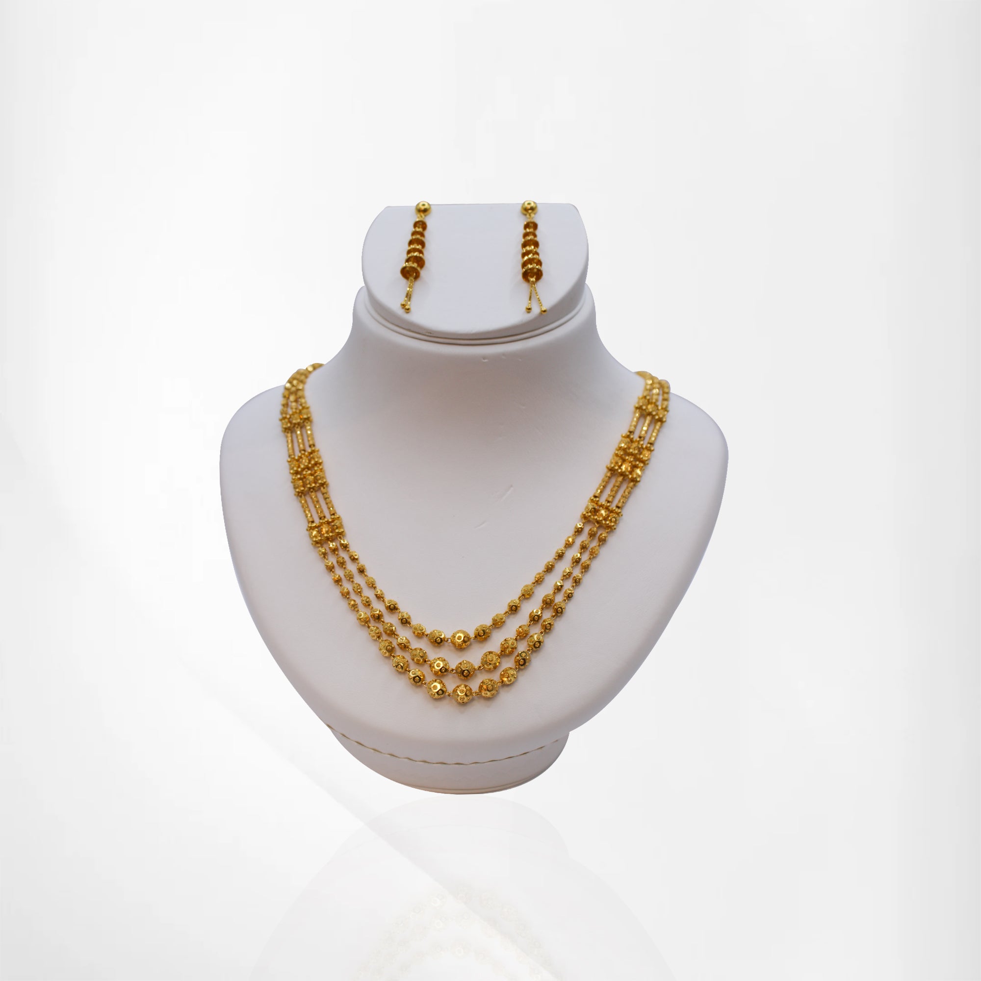 Matter Mala Style Yellow Gold Three-Layer Set with Matching Earrings