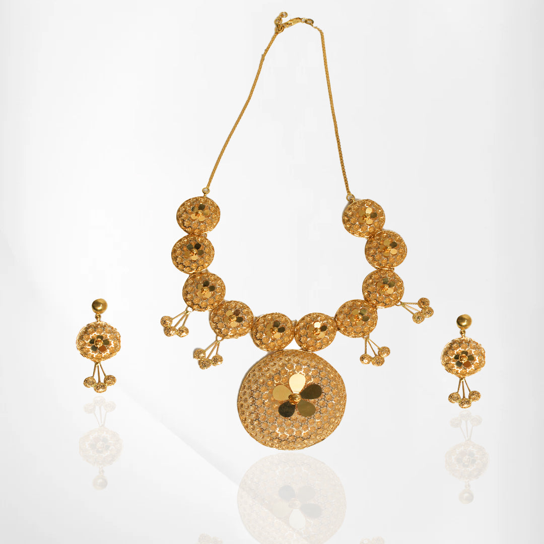 Elegant Yellow Gold Short Set with Hanging Ball Accents – Modern & Graceful