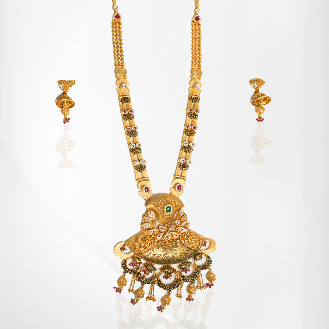 Antique Long Necklace Set with Pink & White Stones – Elegance in Every Detail