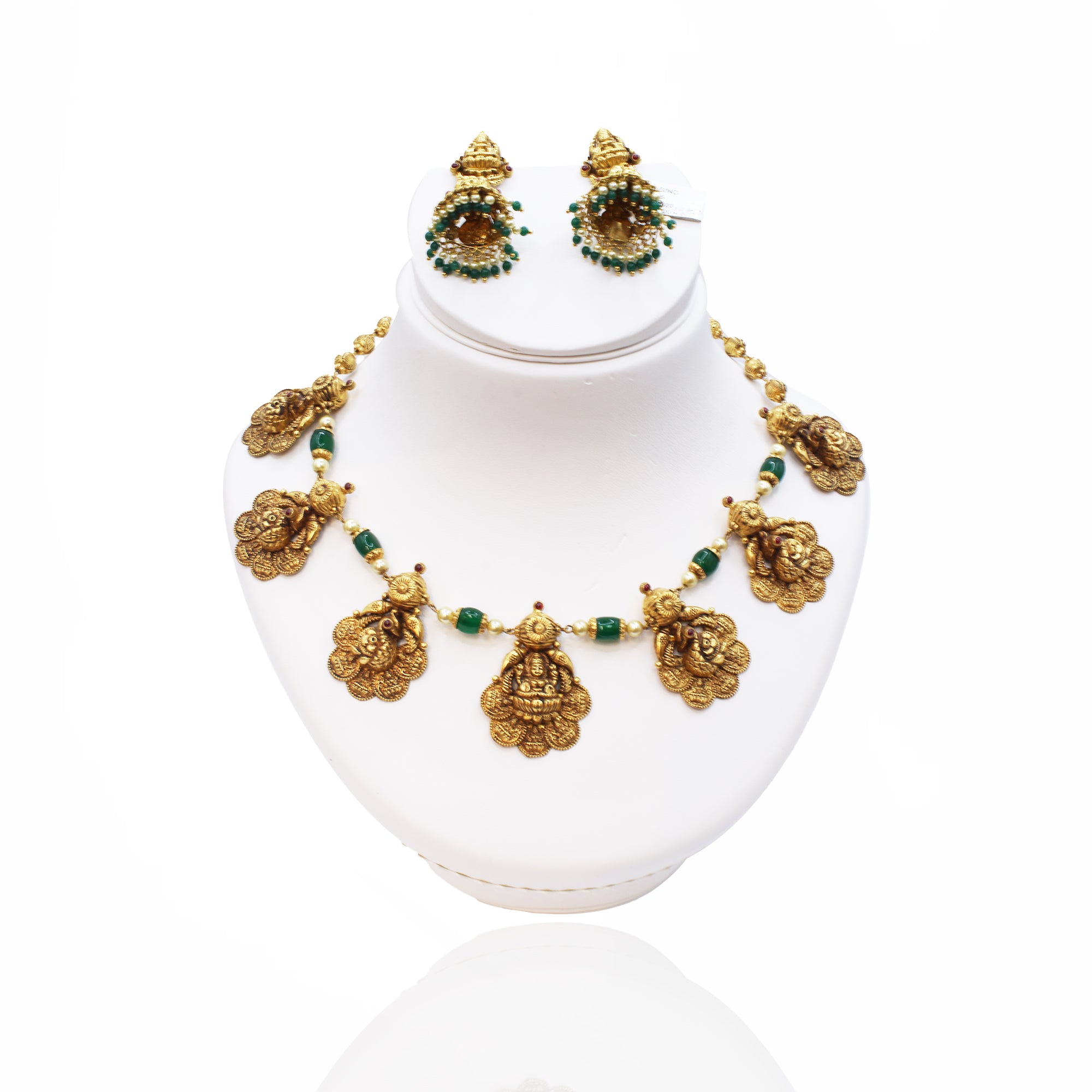 Traditional Lakshmi & Peacock Chain Necklace with Matching Earrings