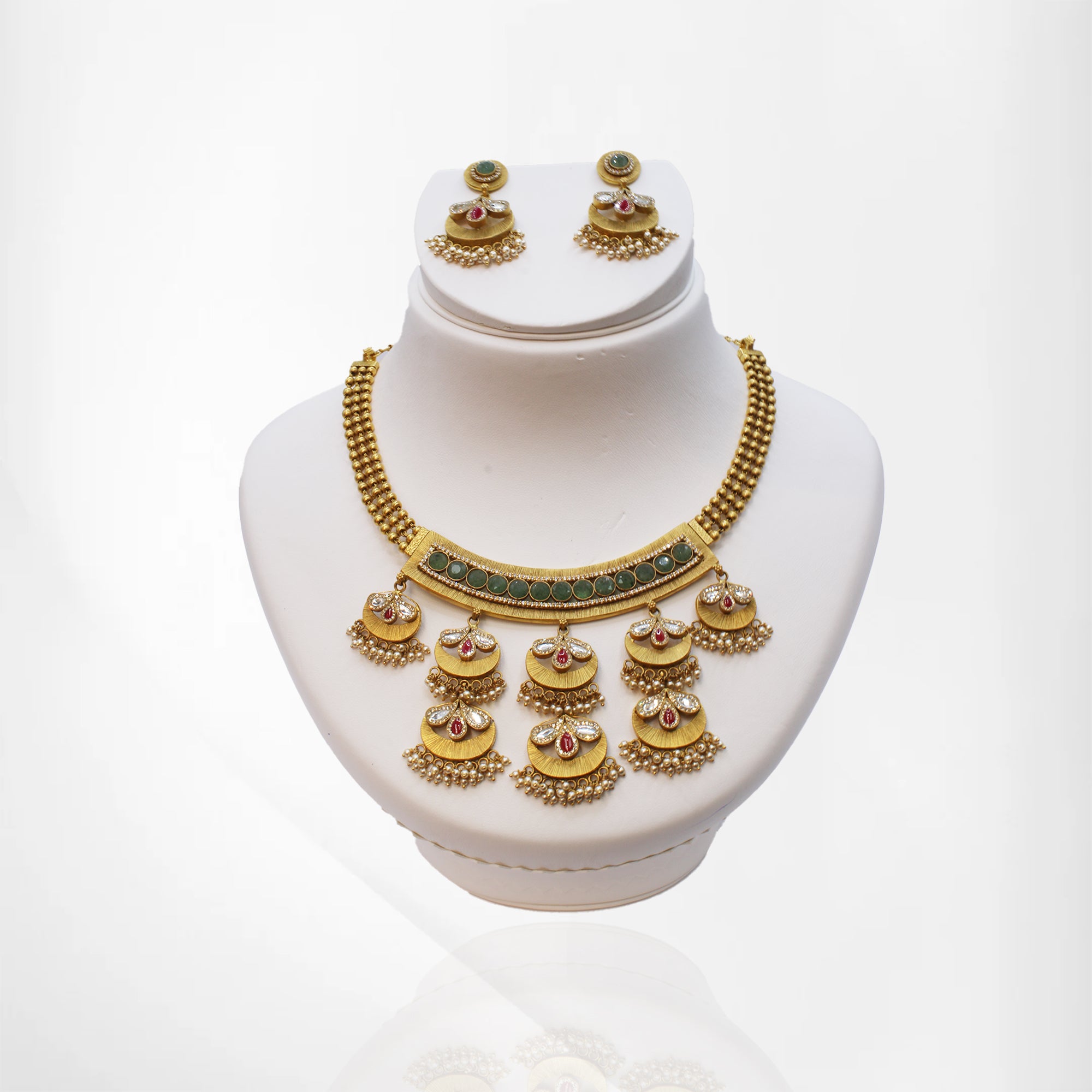 Matte Finish Kundan Choker Set with Dangling Pendants and Emerald Accents