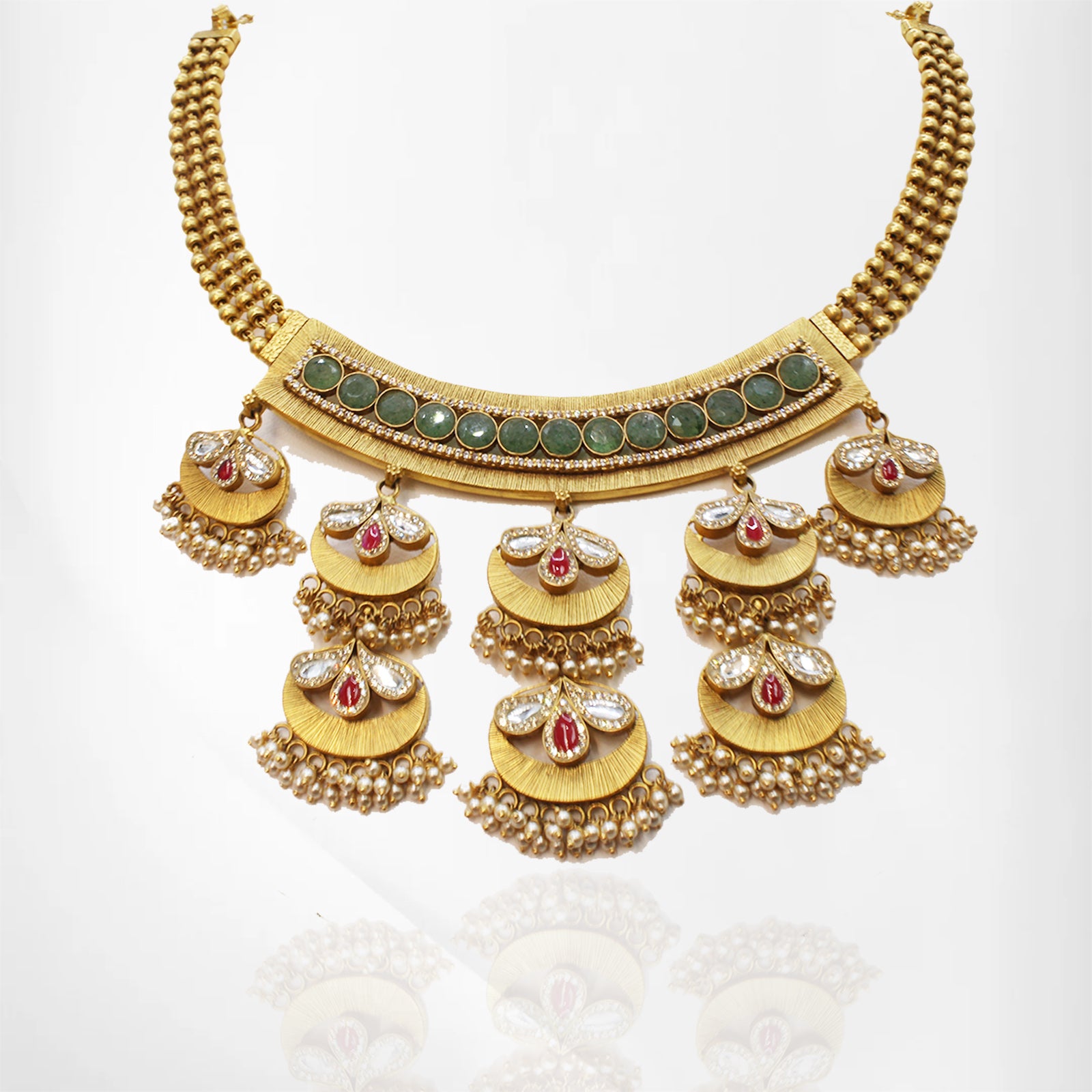 Matte Finish Kundan Choker Set with Dangling Pendants and Emerald Accents