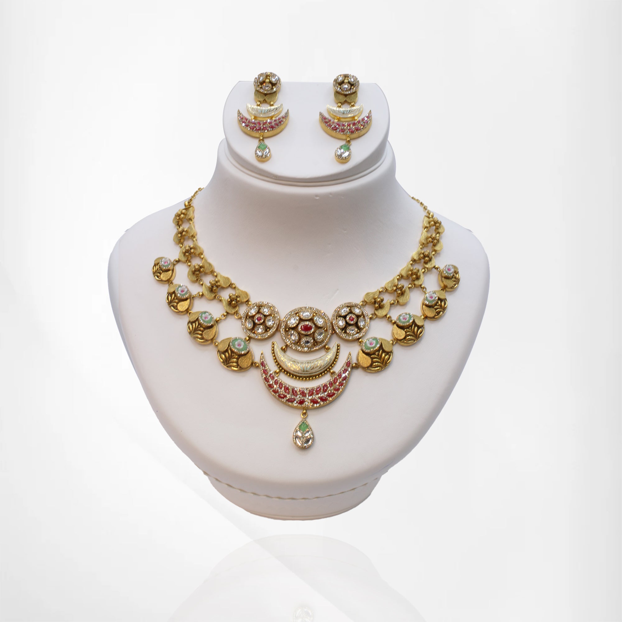 Antique Moon-Inspired Kundan, Ruby & Emerald Set with Cubic Zirconia