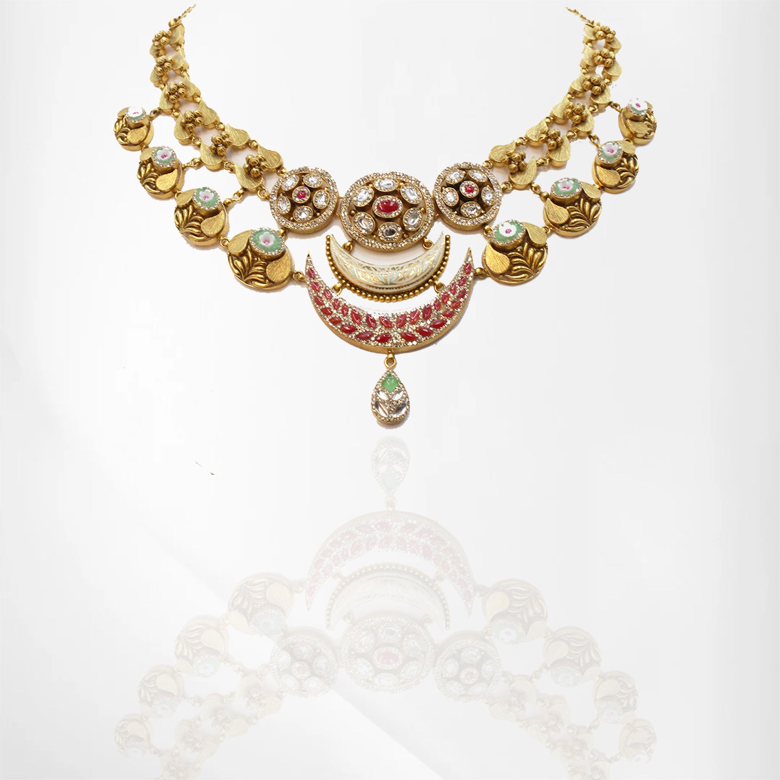 Antique Moon-Inspired Kundan, Ruby & Emerald Set with Cubic Zirconia