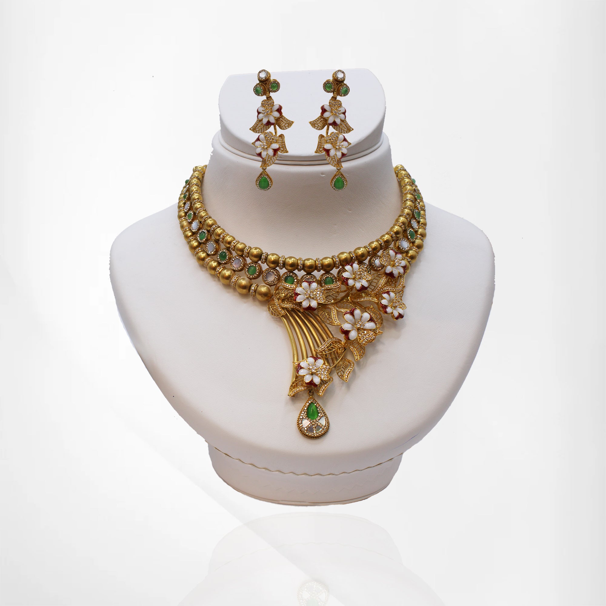 Antique Matte Finish Floral Necklace Set with Multi-Color Gemstones and Enamel Detailing