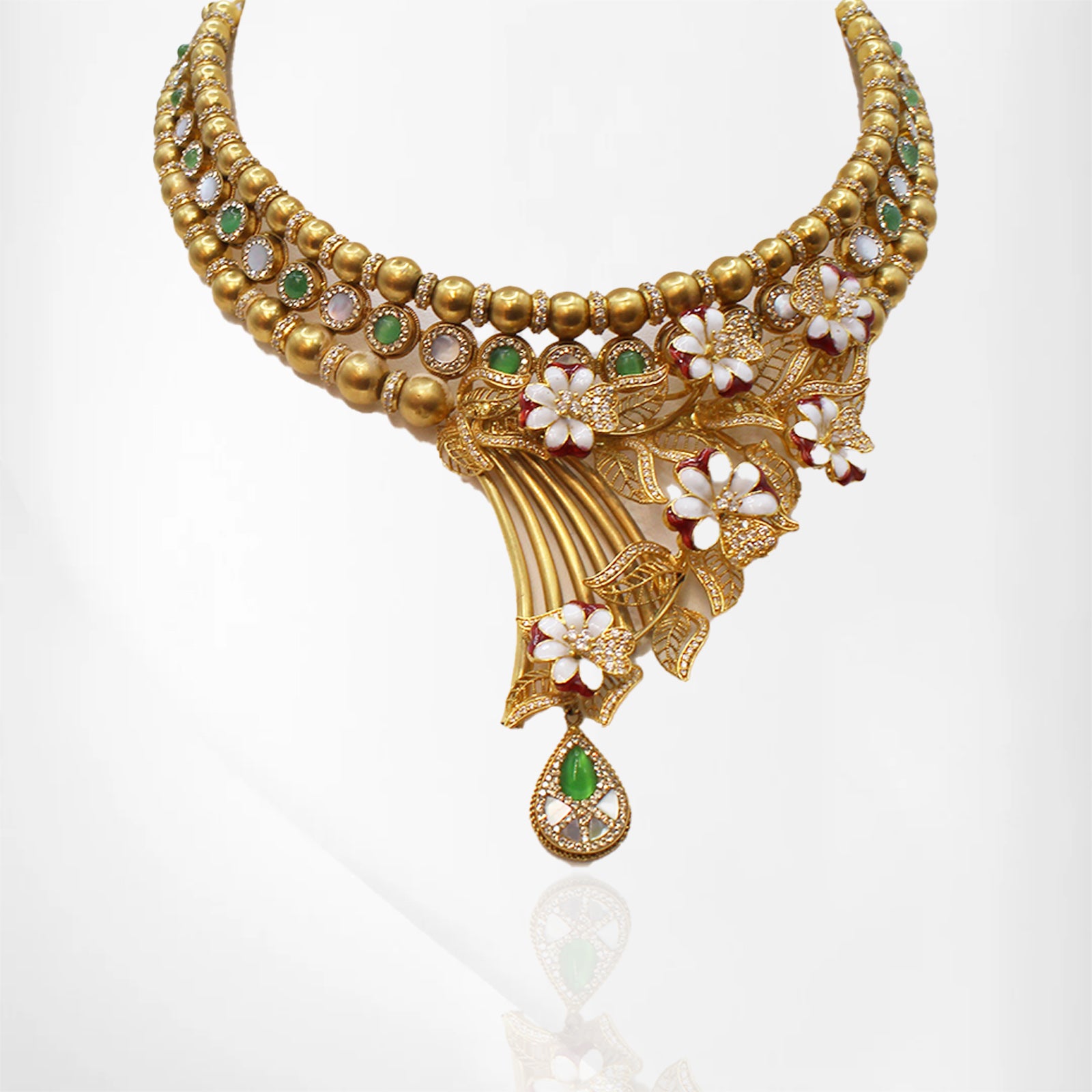 Antique Matte Finish Floral Necklace Set with Multi-Color Gemstones and Enamel Detailing