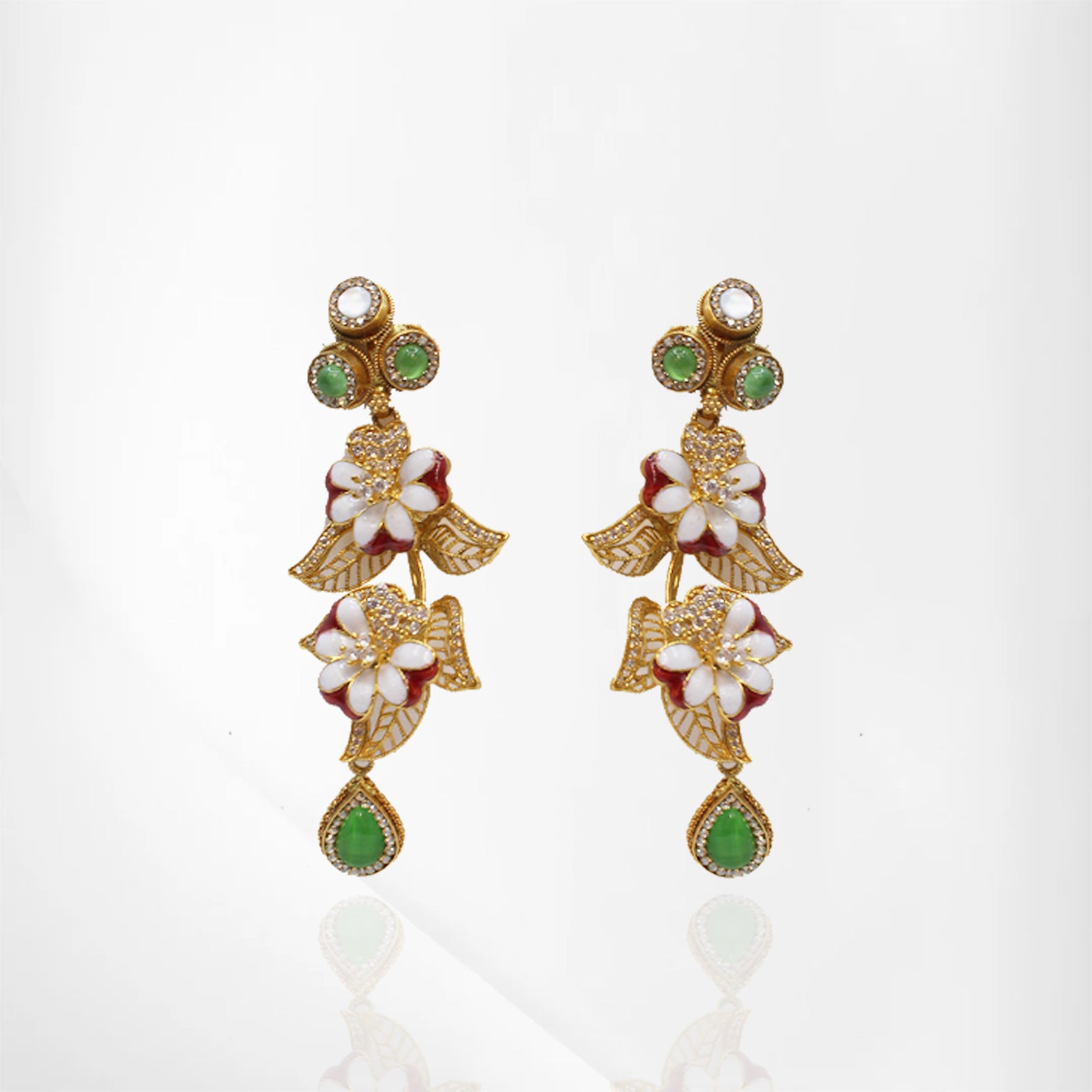 Antique Matte Finish Floral Necklace Set with Multi-Color Gemstones and Enamel Detailing