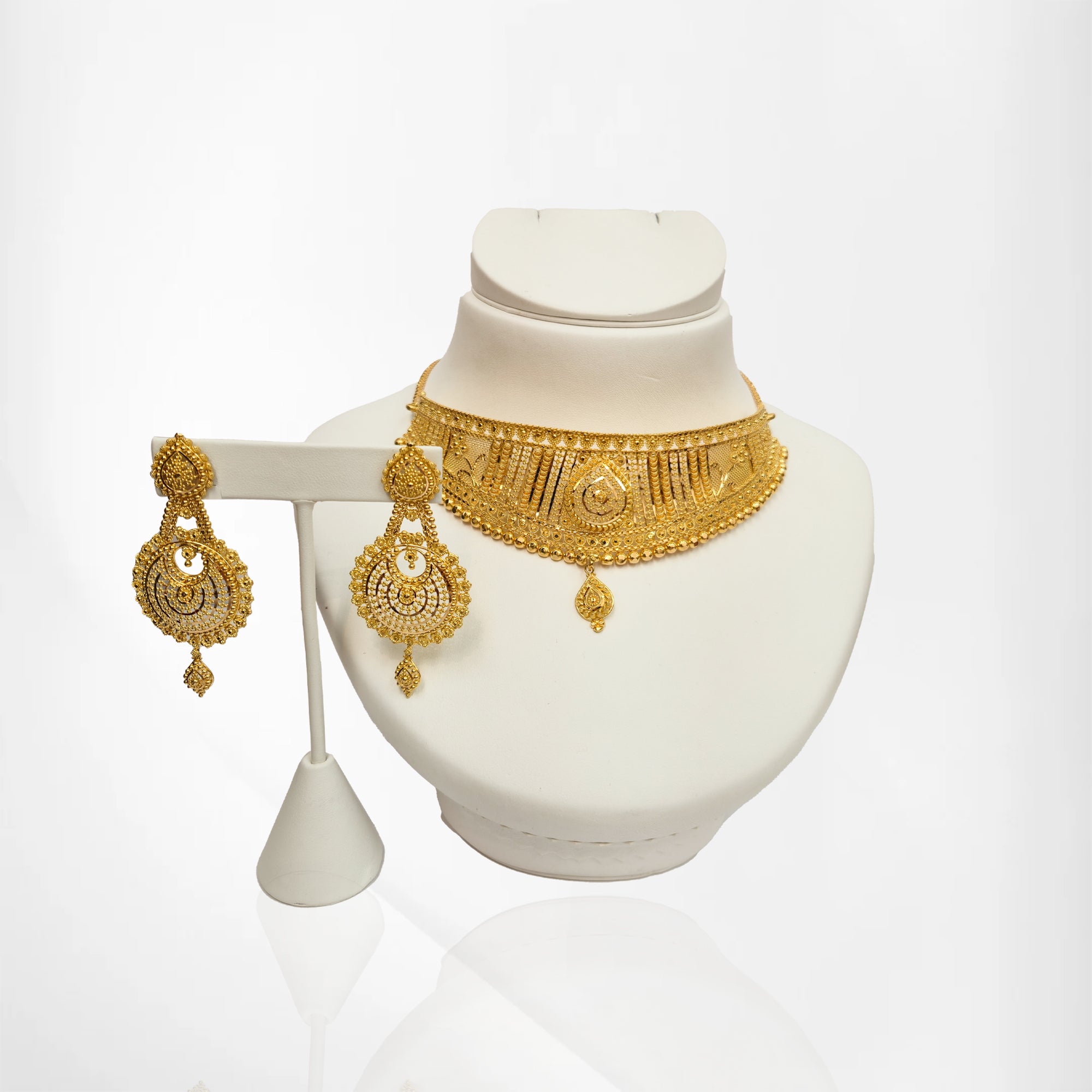 22K Yellow Gold Stiff Choker Necklace with Chand Bali Inspired Earrings