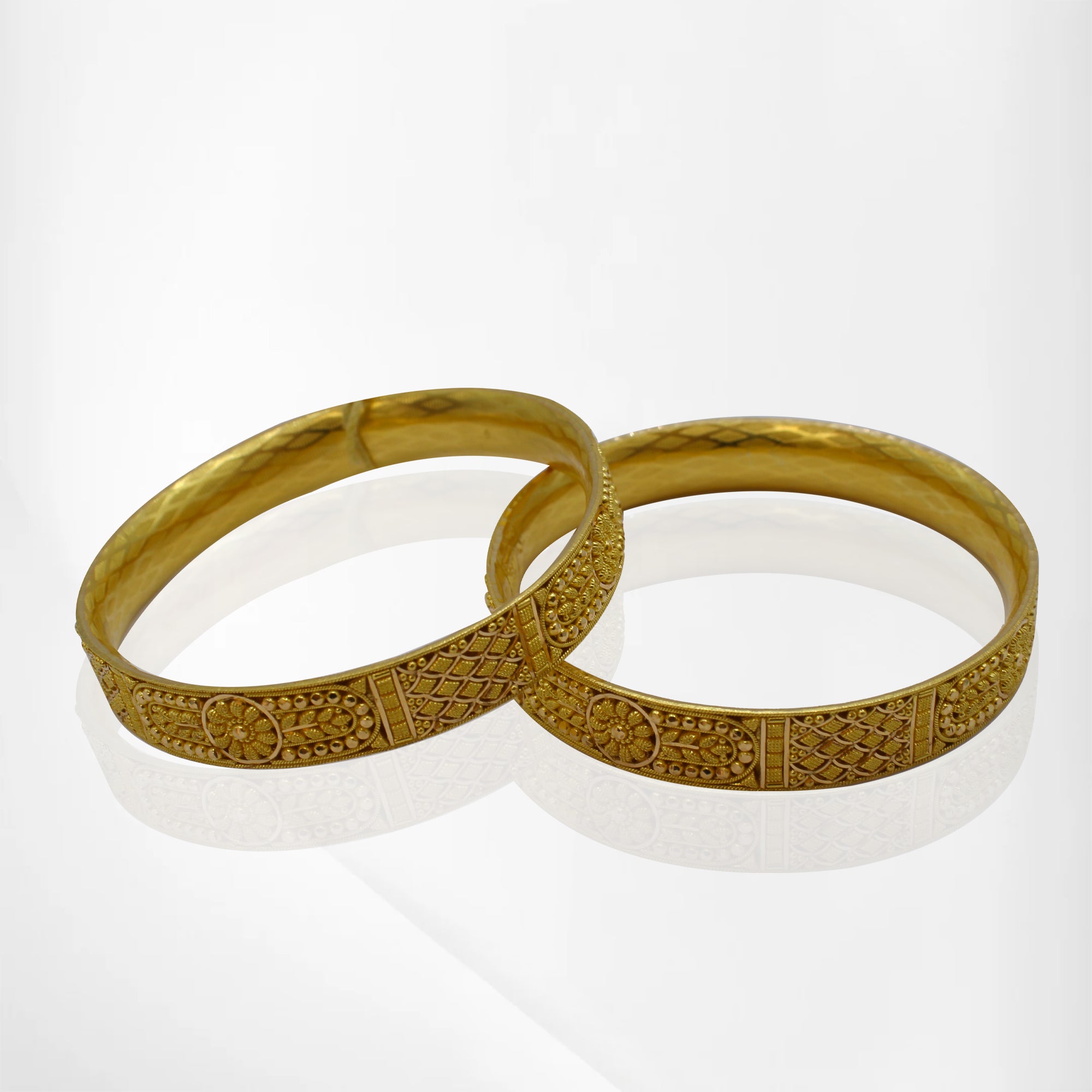 2-Piece 22K Gold Bangles with Floral and Leaf Designs
