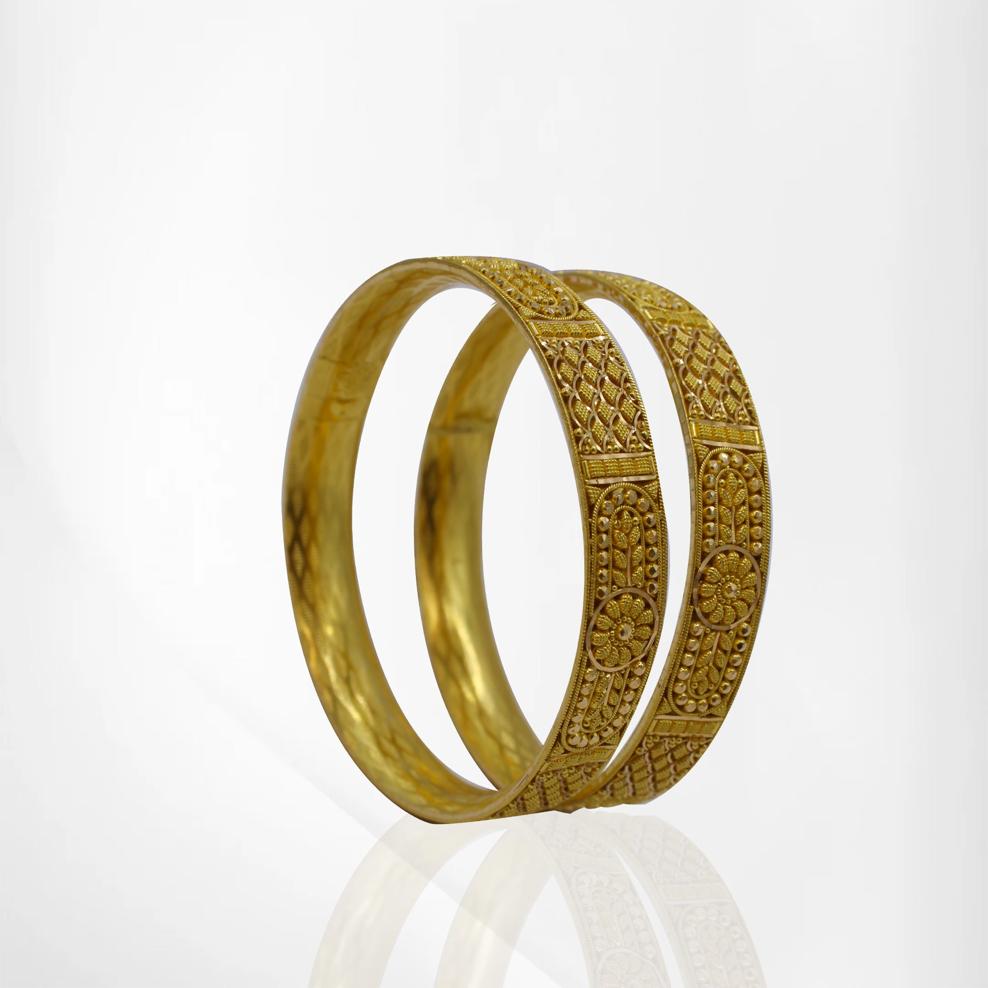 2-Piece 22K Gold Bangles with Floral and Leaf Designs