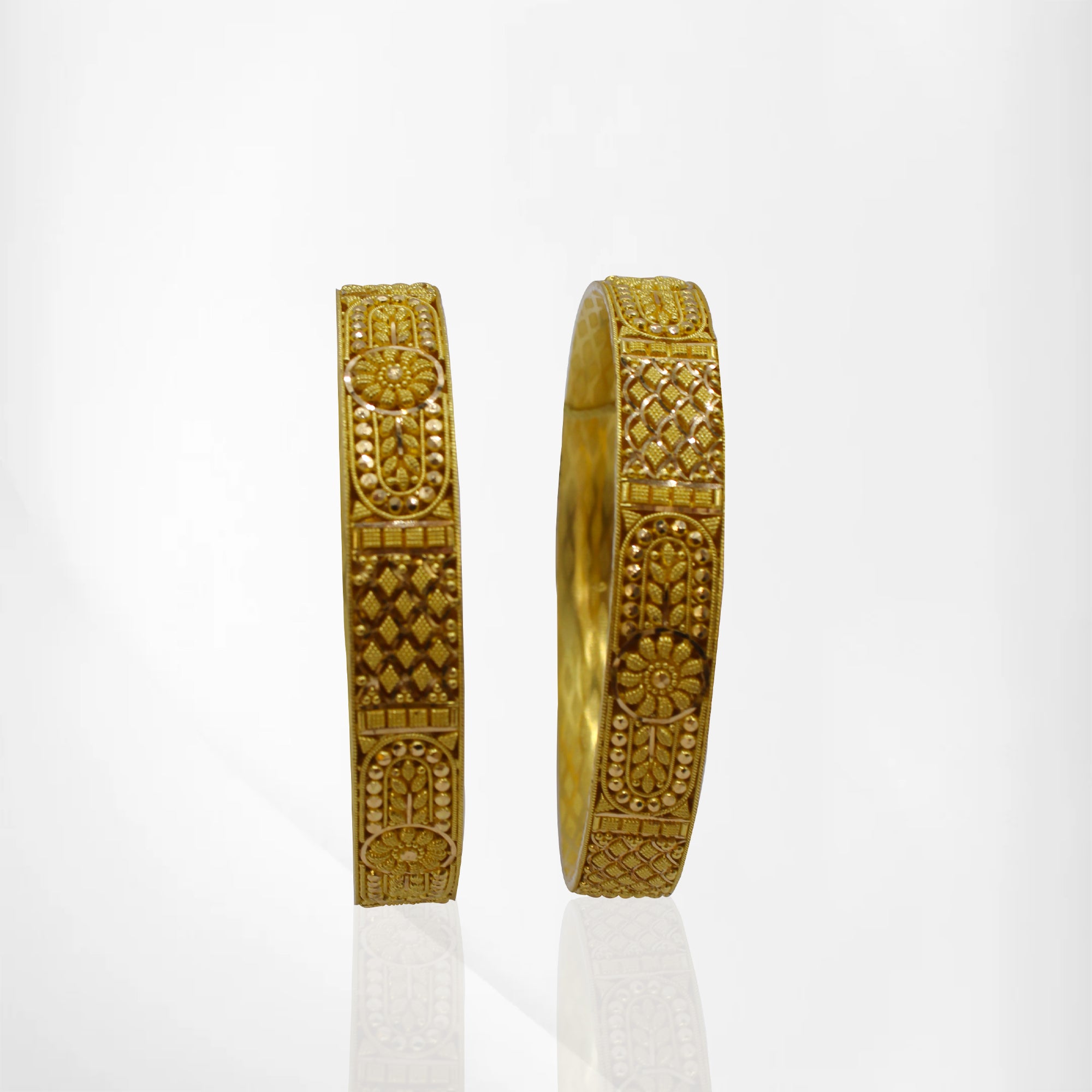 2-Piece 22K Gold Bangles with Floral and Leaf Designs
