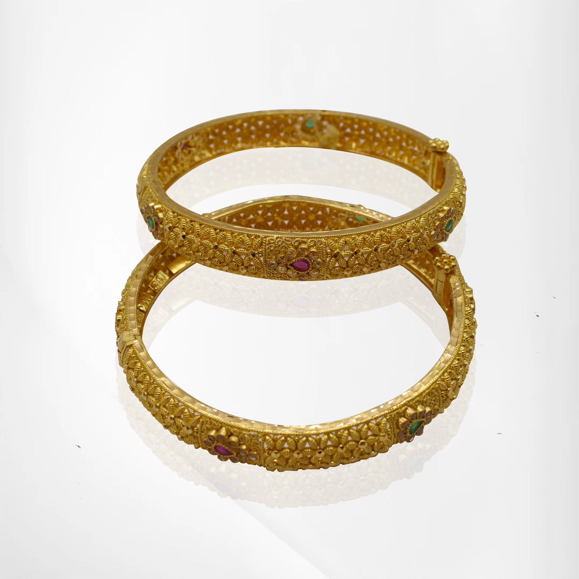 22K Gold 2-Piece Bangle Set with Ruby & Emerald Accents