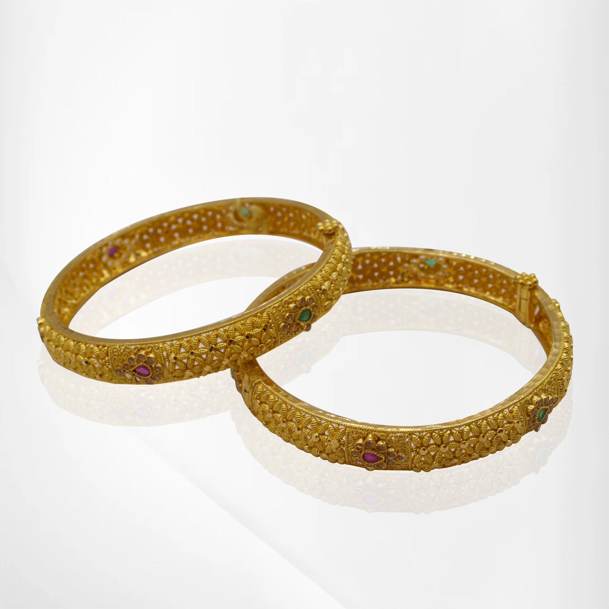 22K Gold 2-Piece Bangle Set with Ruby & Emerald Accents