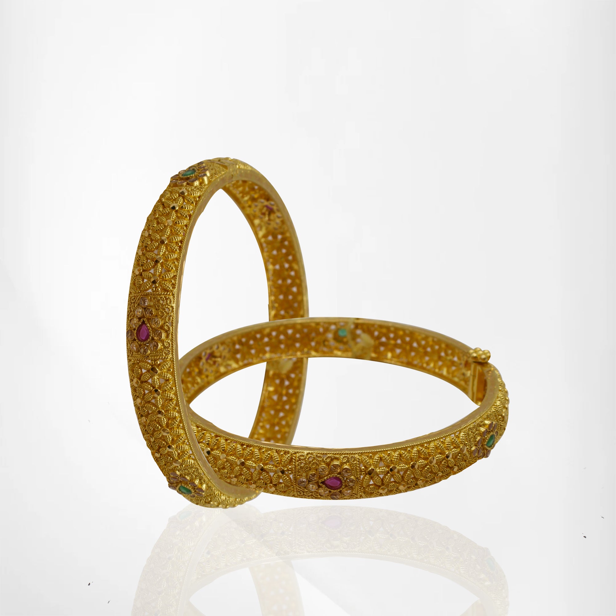 22K Gold 2-Piece Bangle Set with Ruby & Emerald Accents