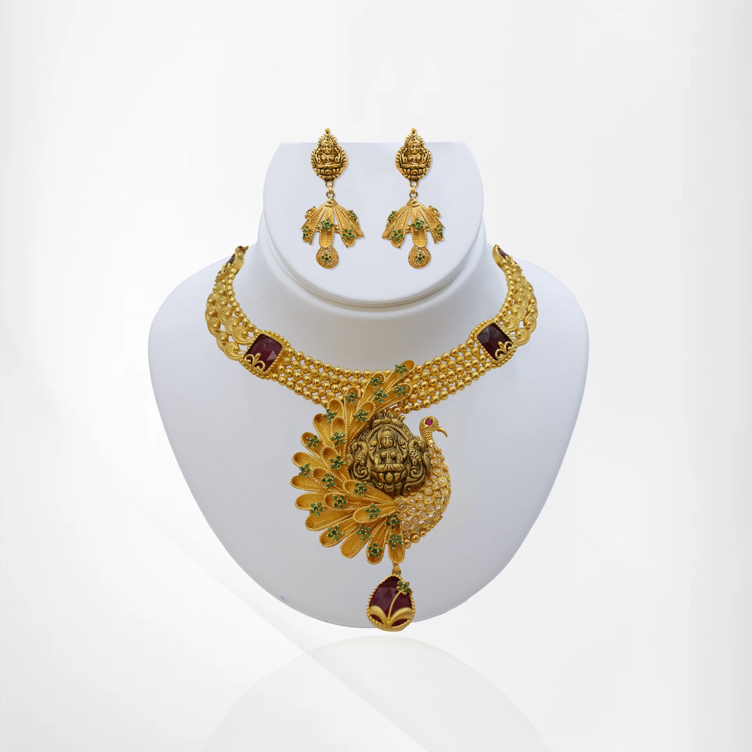 Yellow & Antique Gold Goddess Lakshmi Set with Peacock Pendant and Matching Earrings