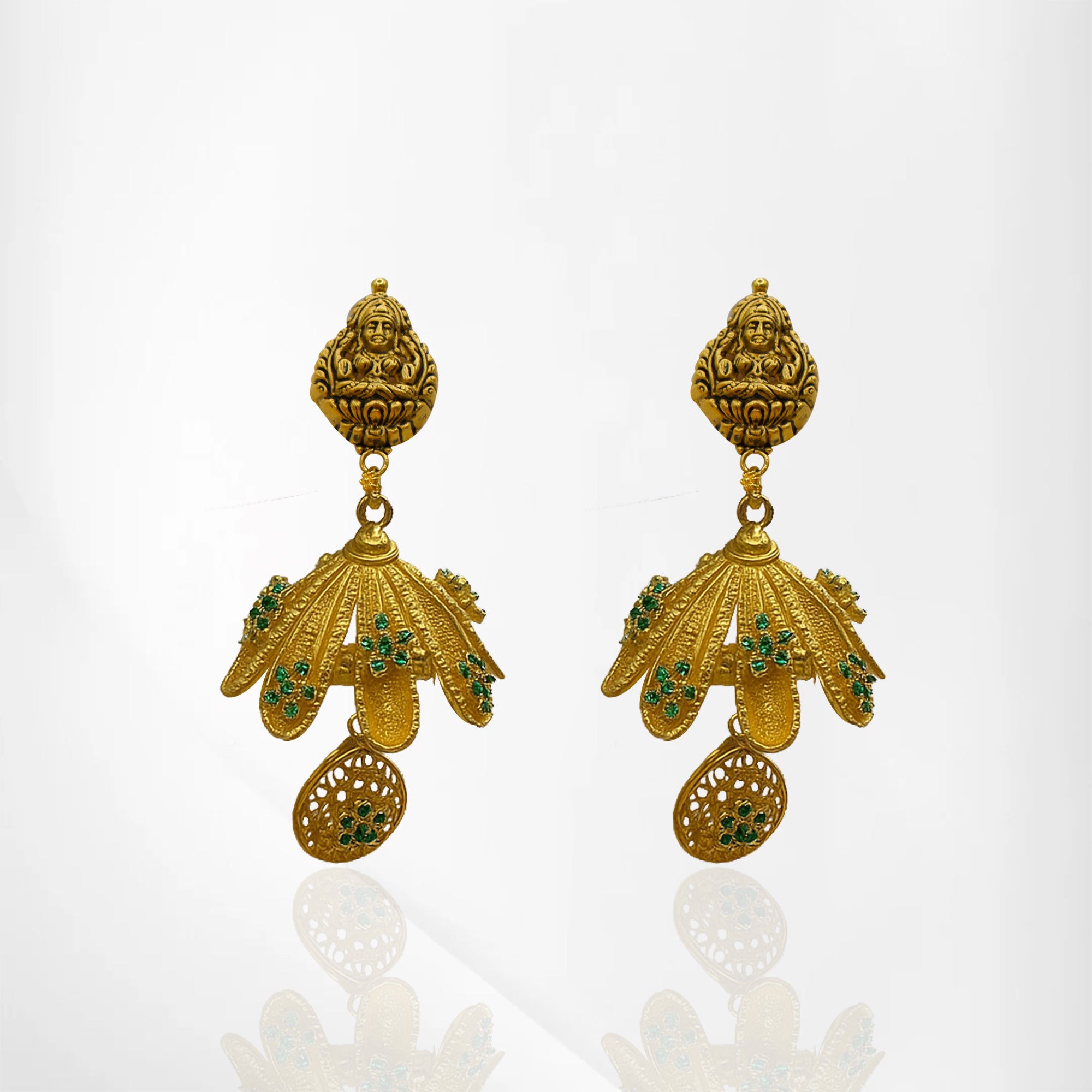 Yellow & Antique Gold Goddess Lakshmi Set with Peacock Pendant and Matching Earrings