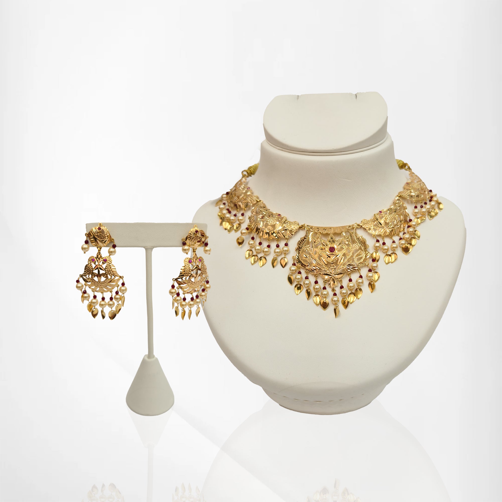 Yellow Gold Pipal Patti Necklace Set with Pearls & Ruby Beads