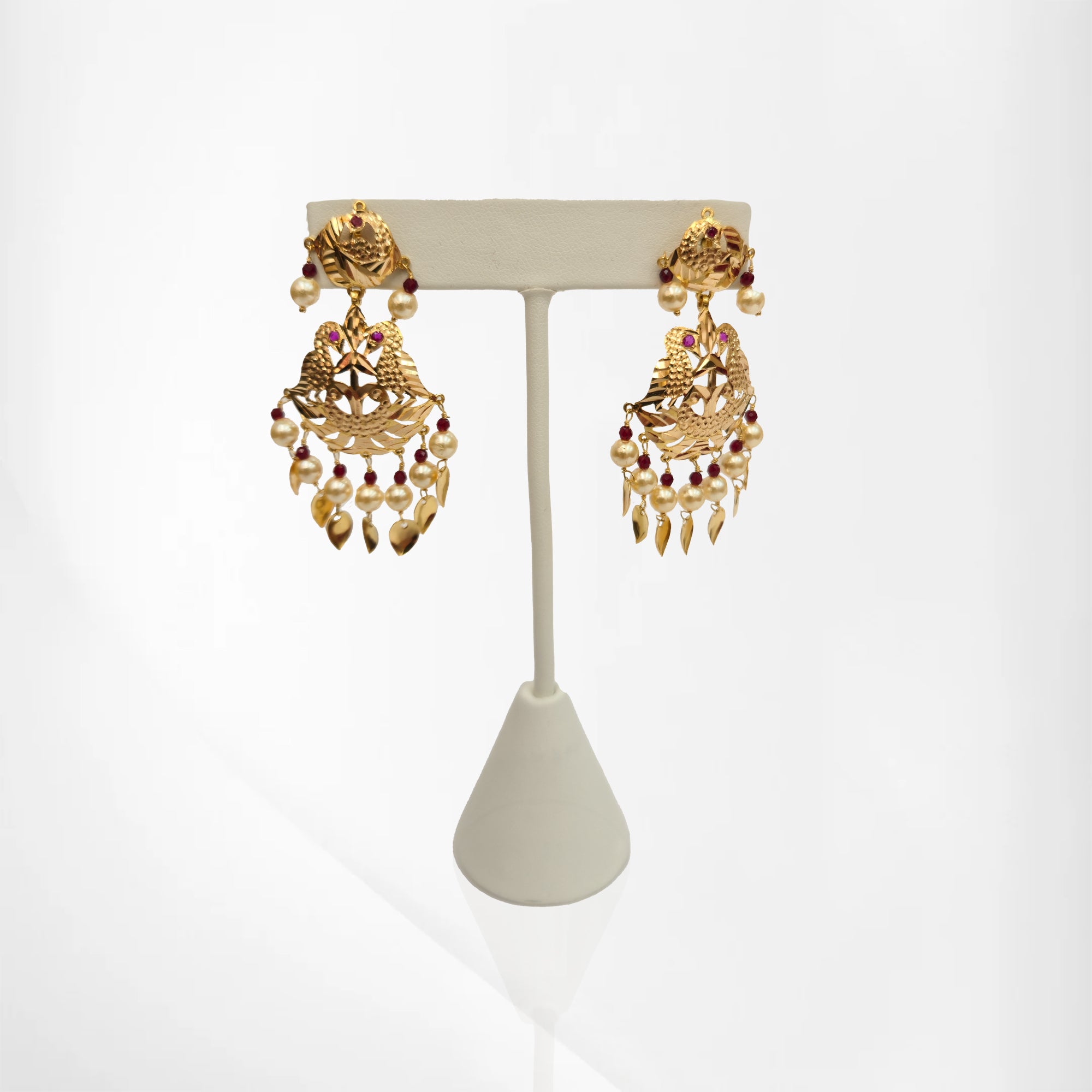 Yellow Gold Pipal Patti Necklace Set with Pearls & Ruby Beads