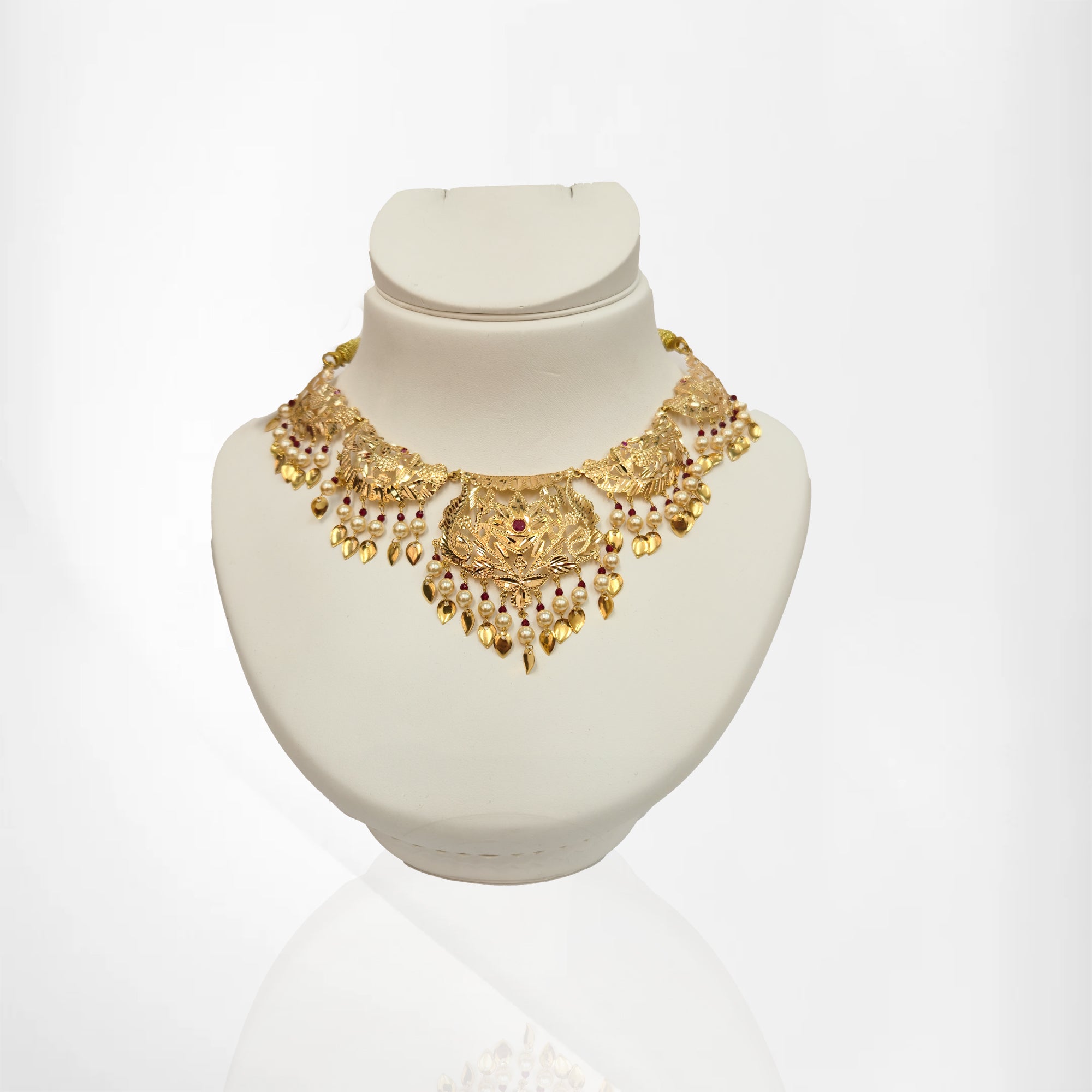 Yellow Gold Pipal Patti Necklace Set with Pearls & Ruby Beads